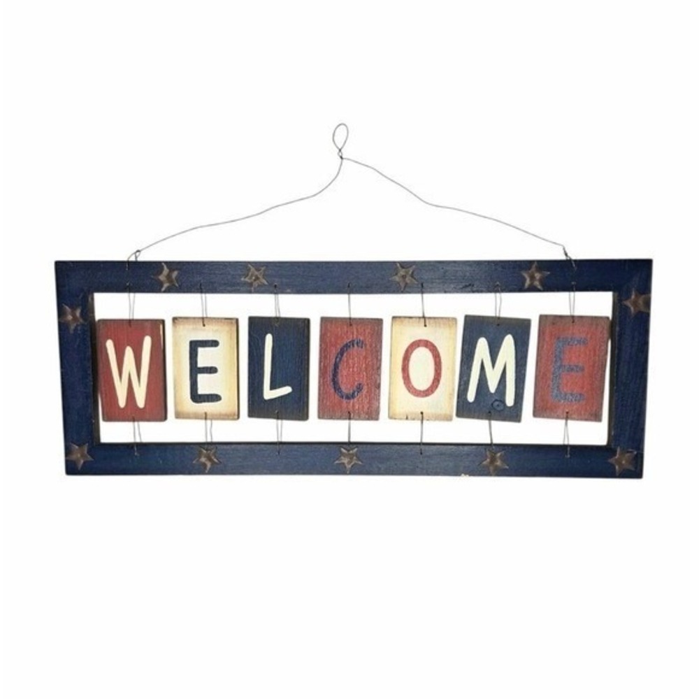 Rustic Americana Wood Welcome Sign Patriotic Red White Blue Star Wall Decor 20in